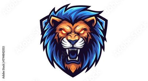 Roaring lion with fierce eyes and vibrant blue mane, perfect for gaming logo or sports team branding with a bold, powerful, and dynamic feel