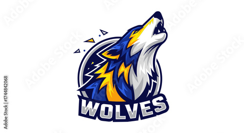 Bold wolf logo for sports team, gaming, or mascot design with dynamic blue and gold color scheme, perfect for branding and competitive edge