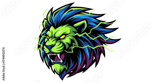Electrifying lion mascot roars with vibrant energy, perfect for gaming logos and esports teams showing fierce power and untamed strength in every design