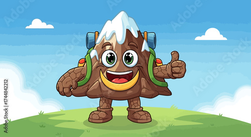Cheerful mountain cartoon character giving thumbs up on sunny day, perfect for kids' books, educational materials, and outdoor adventure promotions