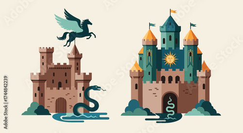 Two fantasy castles with mythical creatures, a pegasus and a serpent.