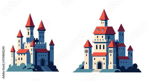 Two majestic castles with red roofs and towers on a white background.