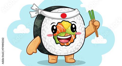Delightful sushi chef cartoon character with chopsticks, perfect for restaurant menus and playful foodie designs that are sure to bring smiles