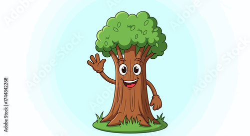 Friendly cartoon tree waving hello with a cheerful smile, perfect for children's books and educational materials about nature and environmental awareness