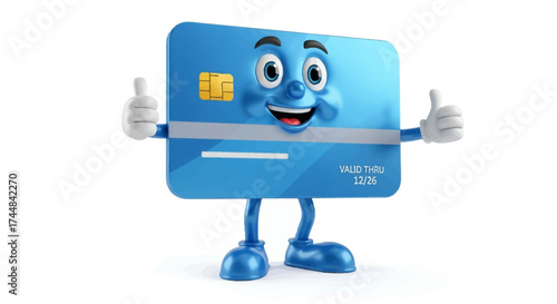 Happy credit card character giving thumbs up for secure payments and financial approval, making banking fun and easy for everyone