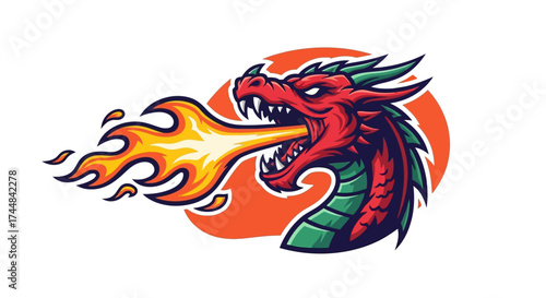 Awesome red dragon breathes fire in vibrant cartoon style, perfect for fantasy gaming logo or powerful brand mascot, a symbol of strength and courage