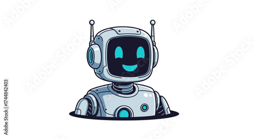 Friendly smiling robot character, perfect for AI chatbot interfaces or futuristic designs, exudes approachability and modern technology appeal