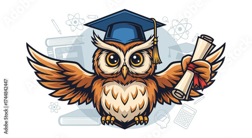 Celebrate academic success with a wise owl graduate, perfect for back to school promotions and educational materials showcasing achievement and knowledge