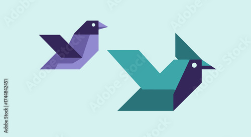 Two stylized origami birds in flight, geometric and colorful design.