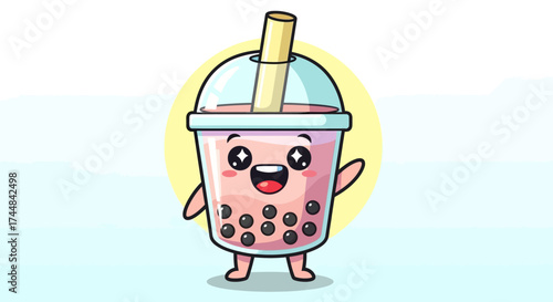 Adorable boba tea character with a friendly wave, perfect for food blogs and beverage promotions. Get creative with this happy, tasty treat!
