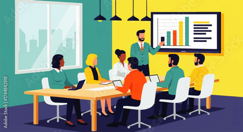 Business Meeting Presentation with Bar Chart Data.
