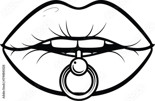 Mouth piercing vector illustration lips ring black and white