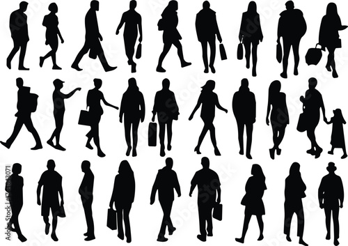 Set of twenty-five black silhouettes of people walking, standing, and interacting with accessories like bags, purses, and luggage