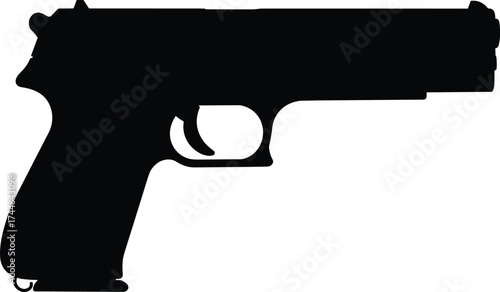 Handgun silhouette vector illustration, black pistol shape isolated on white background, firearm icon design for military, law enforcement, security, and weapon concepts