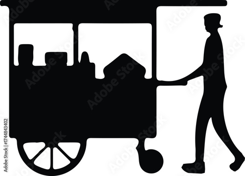 A black and white silhouette shows a street vendor pulling a cart loaded with goods in an alleyway or street, creating a simple and stark image.