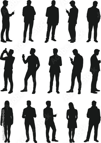 Silhouettes of diverse individuals standing and interacting with mobile devices, ideal for technology, lifestyle, and communication-themed vector designs