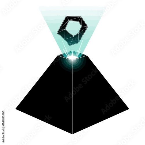 Black pyramid projecting a geometric crystal hologram silhouette isolated on white background