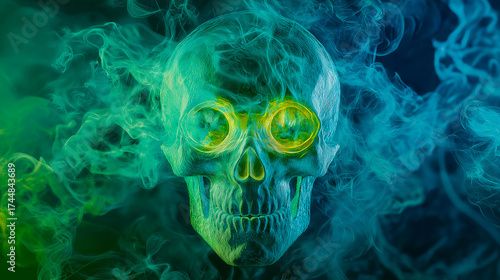 Glowing skull in colorful swirling smoke