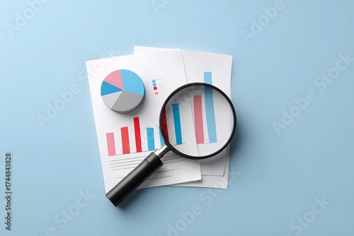 A magnifying glass is placed over financial charts including bar graphs and a pie chart on a clean blue background