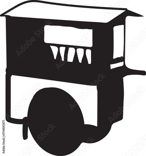 A black and white drawing of a street vendor cart found in an alleyway, reminiscent of mobile food vending carts.