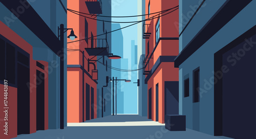Urban Alleyway with Geometric Buildings and Overhead Wires.