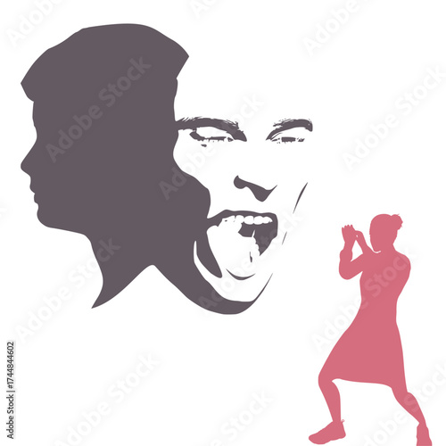 Abused young woman trying to hide and defend herself. Stop violence against women. Family scandal, domestic violence and abuse. Woman harassed by her partner. Aggressive husband shouting on wife.