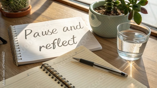 Tranquil workspace with notepad, pen, glass of water, and succulent plant, encouraging mindfulness and reflection