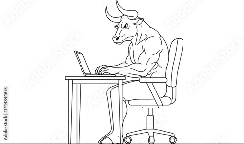 Bull working on laptop stock market trading business concept