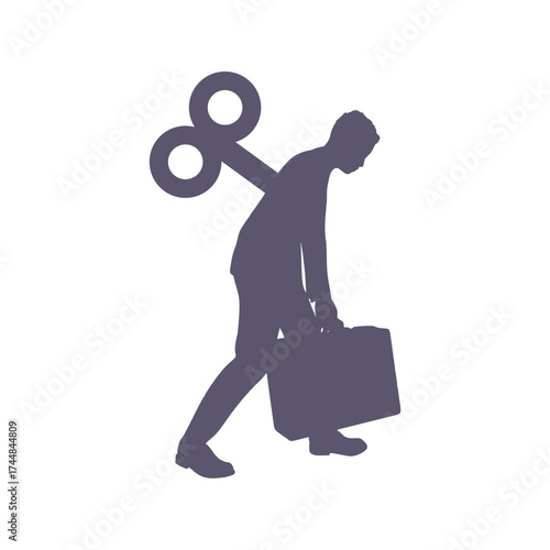 Emotional burnout. Sad and weary businessman walking. A winding key sticks out of his back. Control manipulation and marionette concept. Tired character with slumped shoulders.