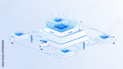Artificial intelligence chip isometric vector icon illustration. analyzing lab chip machine technology concept.