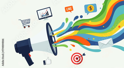 Digital Marketing Megaphone Spreading Colorful Ideas.