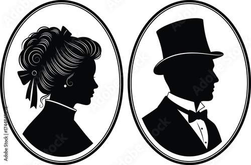 Vintage silhouette couple portrait victorian era art vector