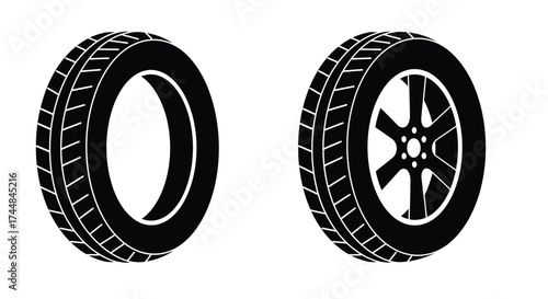 Two tires one solid and one with a visible wheel in black and white