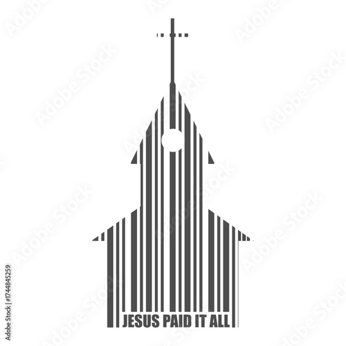 Church building icon as barcode. Community worship unity symbol. Jesus paid it all phrase.
