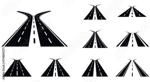 Multiple diverging roads illustrated in a simple black and white design