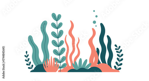 Vibrant underwater plants and marine flora in a colorful ocean ecosystem illustration.
