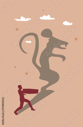 Businessman walking with briefcase and casting shadow of a rat. Concept of commercial espionage and trying to get insider documents. Thief escaping with a loot.