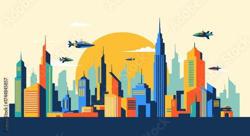 Vibrant Urban Metropolis Illustration with Flying Airplanes.