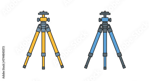 Illustration of two camera tripods one yellow and one blue side by side