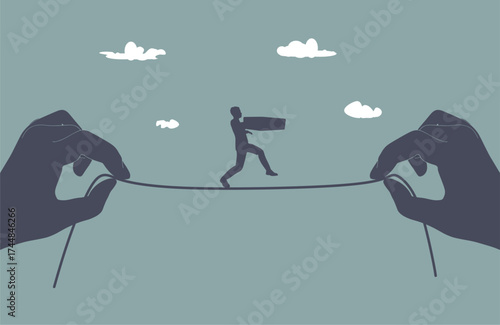 Helping hand pulled a rope along which person goes overcoming the problems. Bridging economy gap, assisting business people to overcome financial difficulties. Finance insurance, financial stability.