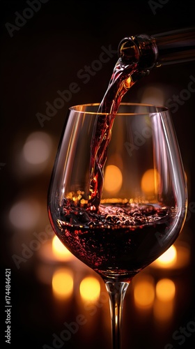 Red wine pouring into glass, romantic celebration background