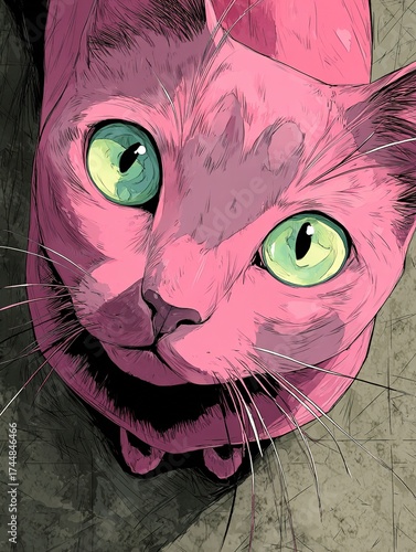 Pink cat portrait looking up with green eyes