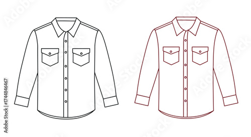 Two line art illustrations of long sleeved button down shirts shown