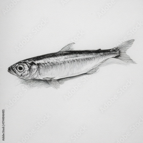 Anchovy fish drawing with detailed pen and ink hatching