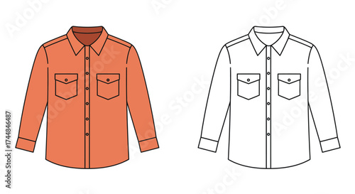 Two long sleeved button down shirts in color and outline versions displayed