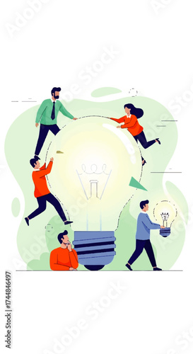 Diverse Team Collaborating on Bright Lightbulb Idea.