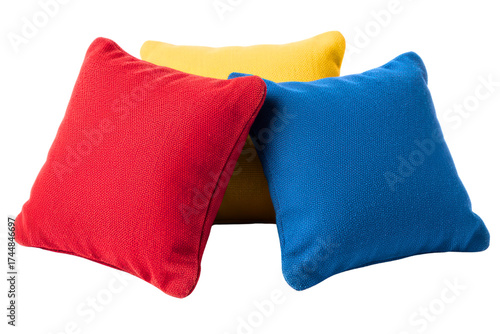 Red, blue, and yellow bean bags for a fun outdoor toss game isolated on a transparent background