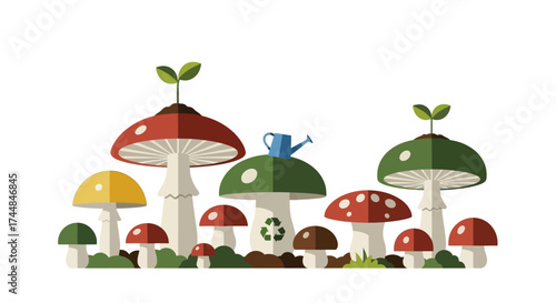 Whimsical Mushroom Patch with Recycling Symbol and Sprout.