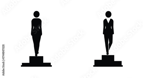 Two simple black silhouettes of people standing on platforms