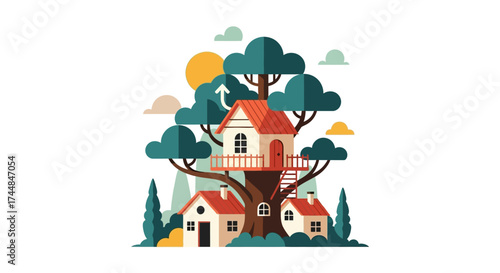 Whimsical treehouse illustration with charming houses and vibrant scenery.